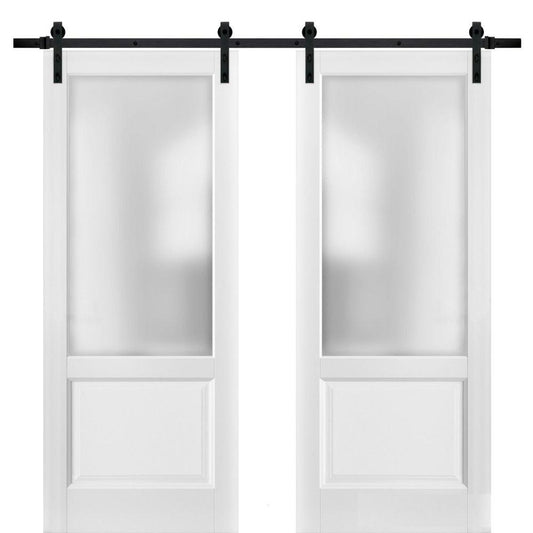 Lucia 22 White Silk Double Barn Door with Frosted Glass and Black Rail