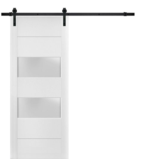 Lucia 4010 White Silk Barn Door with 2 Lites Frosted Glass and Black Rail