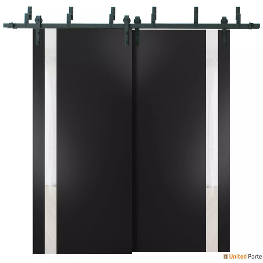 Planum 0440 Matte Black Double Barn Door with White Glass and Black Bypass Rail
